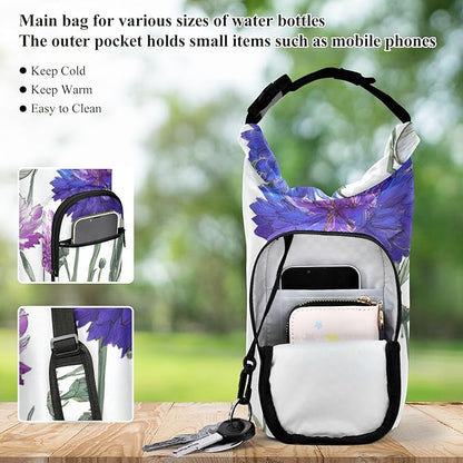 Blue Purple Cornflower Water Bottle Holder with Strap Insulated Water Bottle Carrier Crossbody Bags Pouch with Phone Pocket for Travel Gym Hiking Walking Running