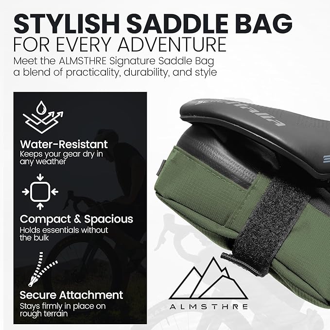 ALMSTHRE Signature Bike Saddle Bag – Hunter Green | 0.5L Bike Seat Bag (3" x 5.25" x 2") | Water-Resistant Ripstop, Waterproof Zipper, Internal Pocket | Durable Under Seat Storage