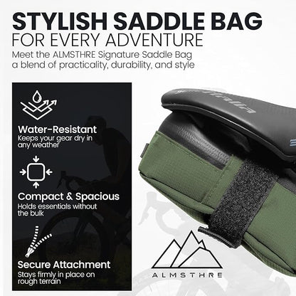 ALMSTHRE Signature Bike Saddle Bag – Hunter Green | 0.5L Bike Seat Bag (3" x 5.25" x 2") | Water-Resistant Ripstop, Waterproof Zipper, Internal Pocket | Durable Under Seat Storage