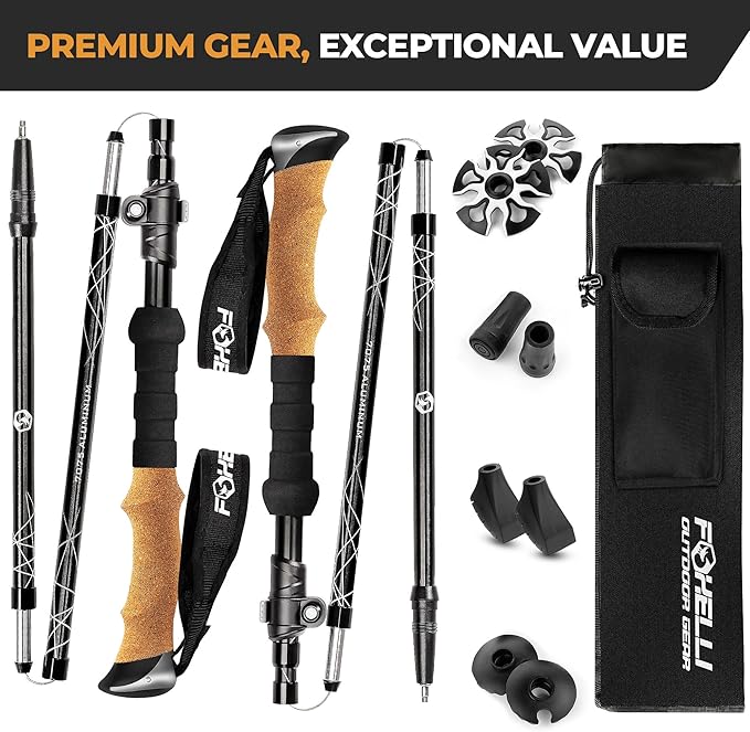 Foxelli Lightweight Trekking Poles – Compact Walking Sticks with Quick Locks, Ergonomic Cork Grip & All-Terrain Accessories – Adjustable Collapsible Poles for Travel & Hiking