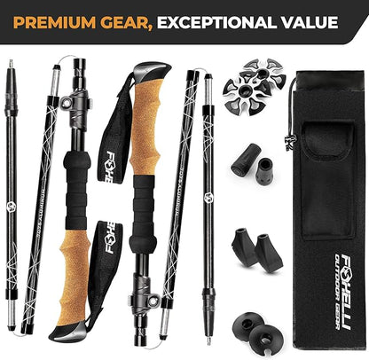 Foxelli Lightweight Trekking Poles – Compact Walking Sticks with Quick Locks, Ergonomic Cork Grip & All-Terrain Accessories – Adjustable Collapsible Poles for Travel & Hiking
