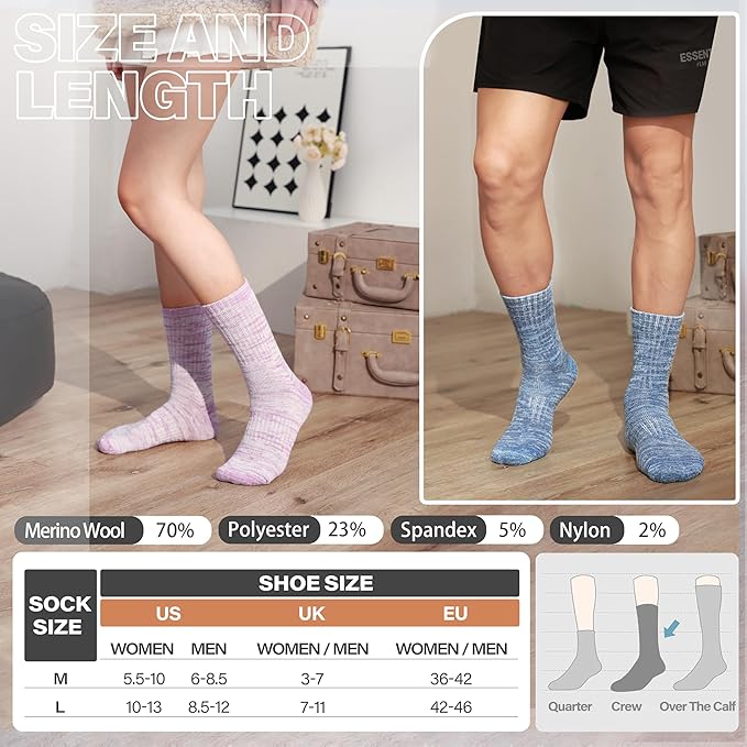 Anlisim Merino Wool Warm Boot Hiking Socks Thermal Extra Thick Winter Cozy Crew Comfy Cushioning Work Women Men Socks 4 Pairs