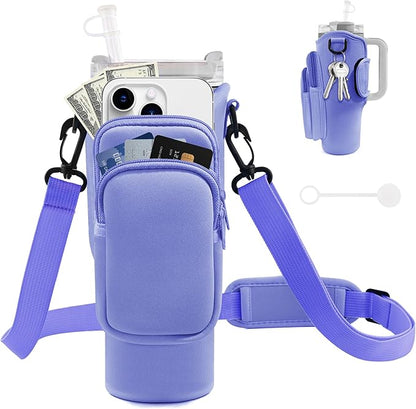 Water Bottle Carrier Bag with Phone Pocket for Stanley Cup 40/30 oz, Water Bottle Holder with Adjustable Strap& Straw Cover, Stanley Cup Accessories