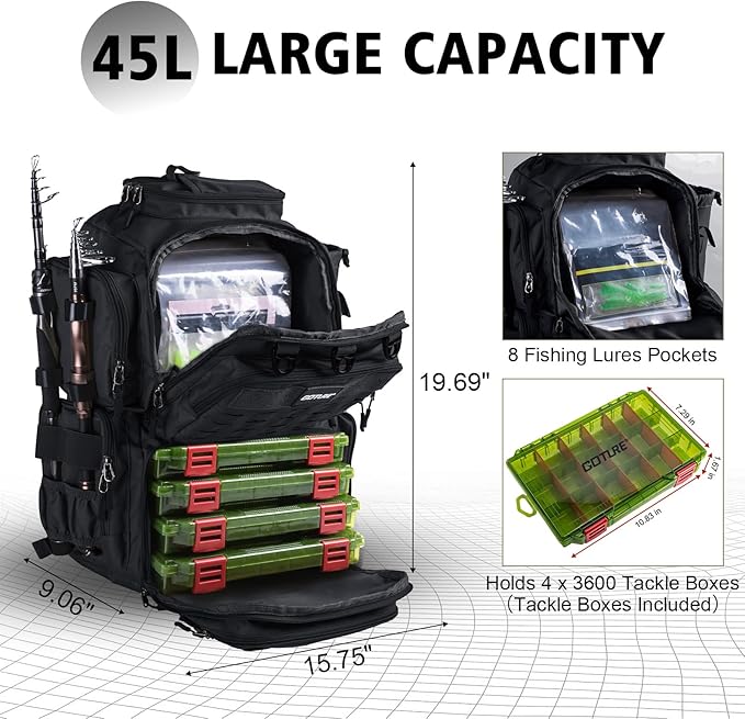 Goture Fishing Backpack with 4 Tackle Boxes,45L 600D Tackle Backpack with Rod Holders,8 Lure Pockets,Rain Cover,Large Fishing Bag Saltwater Gear Storage Bag for Camping Hiking