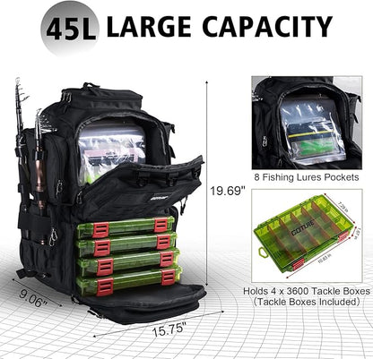 Goture Fishing Backpack with 4 Tackle Boxes,45L 600D Tackle Backpack with Rod Holders,8 Lure Pockets,Rain Cover,Large Fishing Bag Saltwater Gear Storage Bag for Camping Hiking