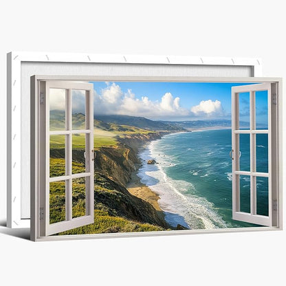 ANRUOXI Beach Window Canvas Wall Art, Enclosed Bedroom Living Room Ocean Coastal Channel Scene Picture, Tropical Sea Landscape Painting Print Artwork Horizontal Seascape Artwork for Bedroom 28x40 Inch