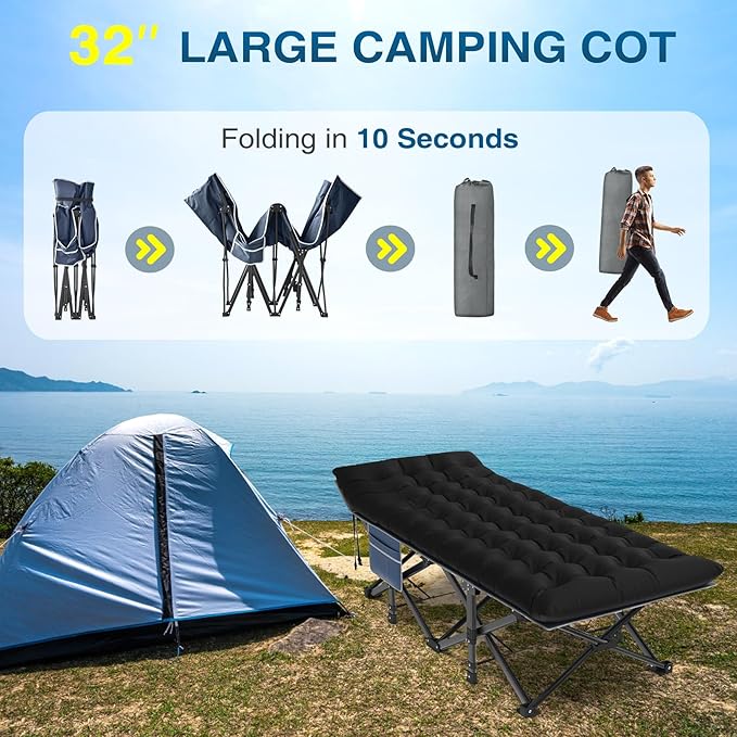 ZENPETIO Oversized XXL Folding Camping Cot, Heavy Duty Sleeping Cot for Adults with Mattress and Pillow, Portable Cot Bed with Carry Bag for Outdoor Camp Travel Home Guest Office, 78x32x18