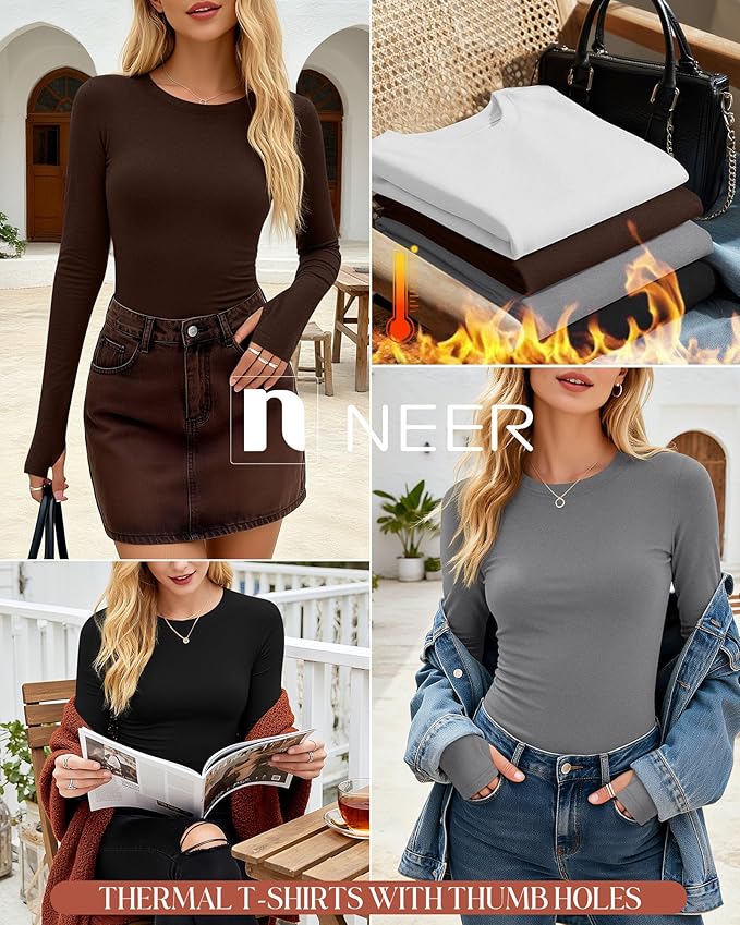 Neer 4 Pack Women's Fleece Thermal Long Sleeve Shirts, Thumb Holes Crew Neck Slim Fit Tops Warm Workout Basic Undershirt