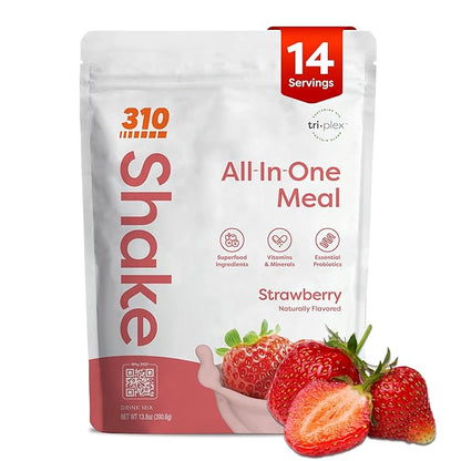 310 Nutrition All-In-One Meal Replacement Shake Powder - Plant-Based Protein Smoothie Blend w/High Fiber, Probiotics & Adaptogens - Low Carb, Vegan, Keto & Paleo Friendly - Strawberry - 14 Srv