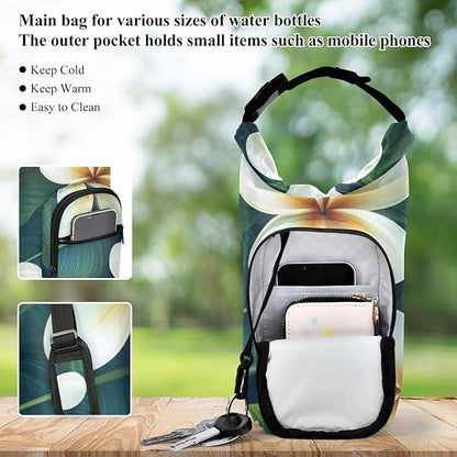 Tropical Plumeria Green Water Bottle Holder with Strap Insulated Water Bottle Carrier Crossbody Bags Pouch with Phone Pocket for Travel Gym Hiking Walking Running
