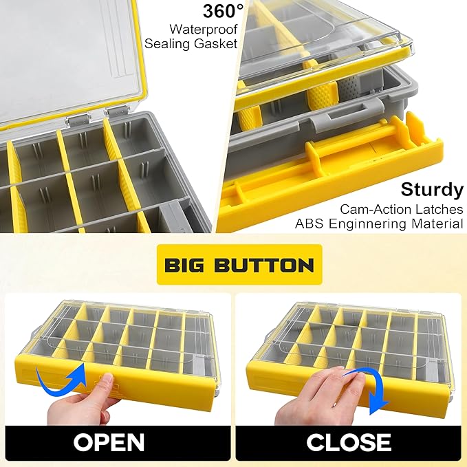 Shaddock Fishing Waterproof Tackle Box, 3700 Deep Tackle Tray Organizers Accessories Storage Gear with Removable Dividers for Freshwater Saltwater Fishing (Yellow, 3700)