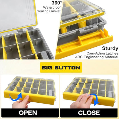 Shaddock Fishing Waterproof Tackle Box, 3700 Deep Tackle Tray Organizers Accessories Storage Gear with Removable Dividers for Freshwater Saltwater Fishing (Yellow, 3700)