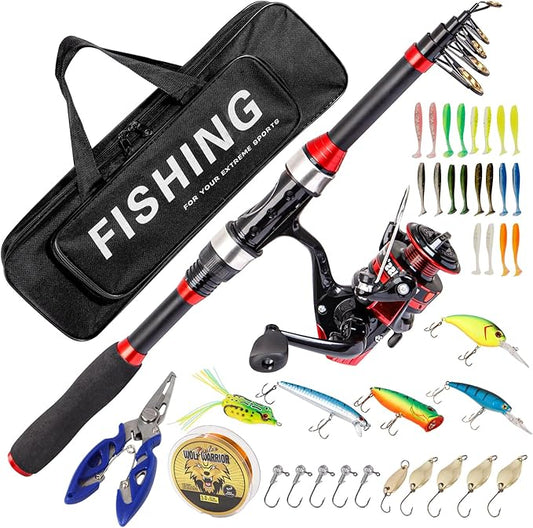 I00000 Fishing Rod and Reel Combos with Fiberglass Telescopic Fishing Pole - Spinning Reel Fishing Carrier Bag, Freshwater and Saltwater Fishing Rod Kit,Travel Fishing Kit for Bass Trout