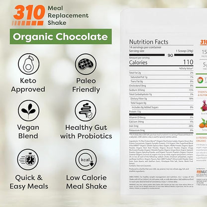310 Nutrition Organic All-In-One Meal Replacement Shake Powder - Plant-Based Protein Smoothie Blend w/Fiber, Probiotics & Adaptogens - Low Carb, Vegan, Keto & Paleo - Chocolate - 28 Servings