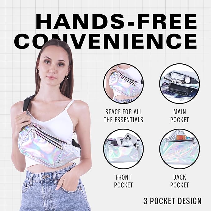 Holographic Fanny Pack Belt Bag | Waterproof Crossbody Bum Waist Pack - For Halloween, Rave, Hiking, Running, Travel (Silver)