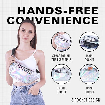 Holographic Fanny Pack Belt Bag | Waterproof Crossbody Bum Waist Pack - For Halloween, Rave, Hiking, Running, Travel (Silver)
