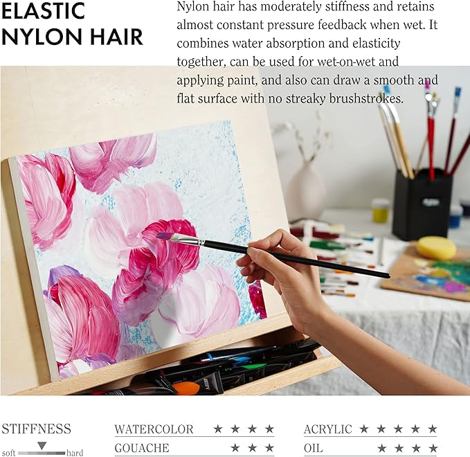 ARTIFY 41 Pieces Long Handle Paint Brushes, Expert Series, Hog Bristle, Horse Hair and Nylon Hairs Art Set Includes a Carrying Canvas Roll, for Acrylic, Oil, Watercolor and Gouache