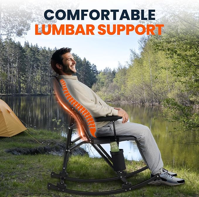 Overmont Back Support Rocking Camping Chair for Adults - Oversized with Adjustable High Backrest - Heavy Duty Folding Rocker Chair Supports 450 LBS - Perfect for Outdoor Lawn Beach Fishing Garden