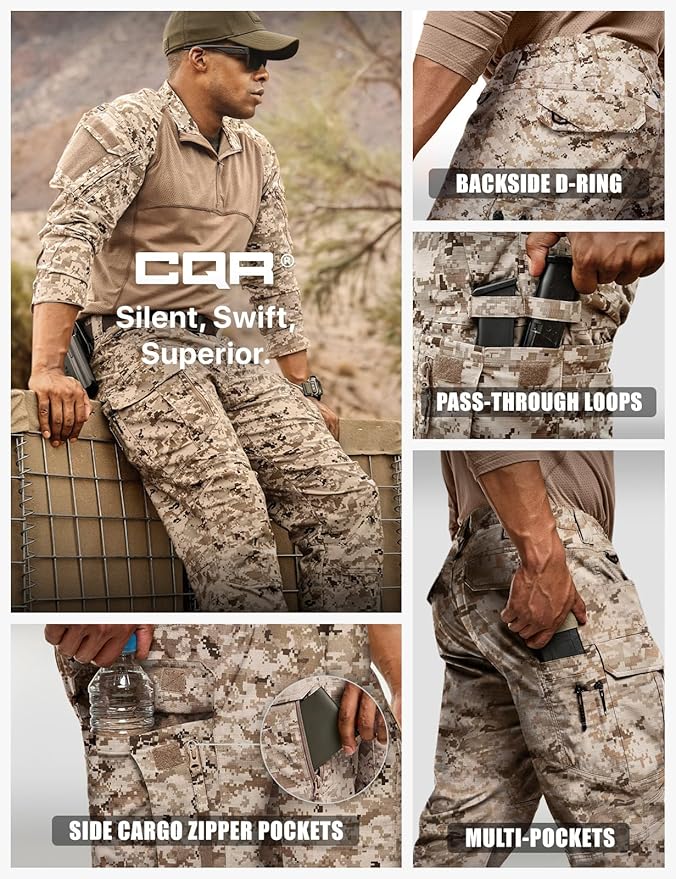 CQR Men's Flex Stretch Tactical Pants, Water Resistant Ripstop Cargo Pants, Lightweight EDC Outdoor Work Hiking Pants