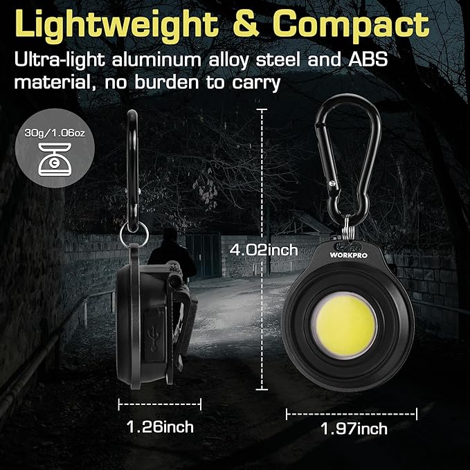 WORKPRO COB Keychain Light, 2Pcs Small Work Keychain Flashlight with Hat Clip, EDC Rechargeable Magnetic 3 Light Modes Carabiner Flashlight for Running, Emergency Hiking and Repairing, Black