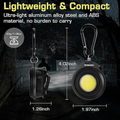 WORKPRO COB Keychain Light, 2Pcs Small Work Keychain Flashlight with Hat Clip, EDC Rechargeable Magnetic 3 Light Modes Carabiner Flashlight for Running, Emergency Hiking and Repairing, Black