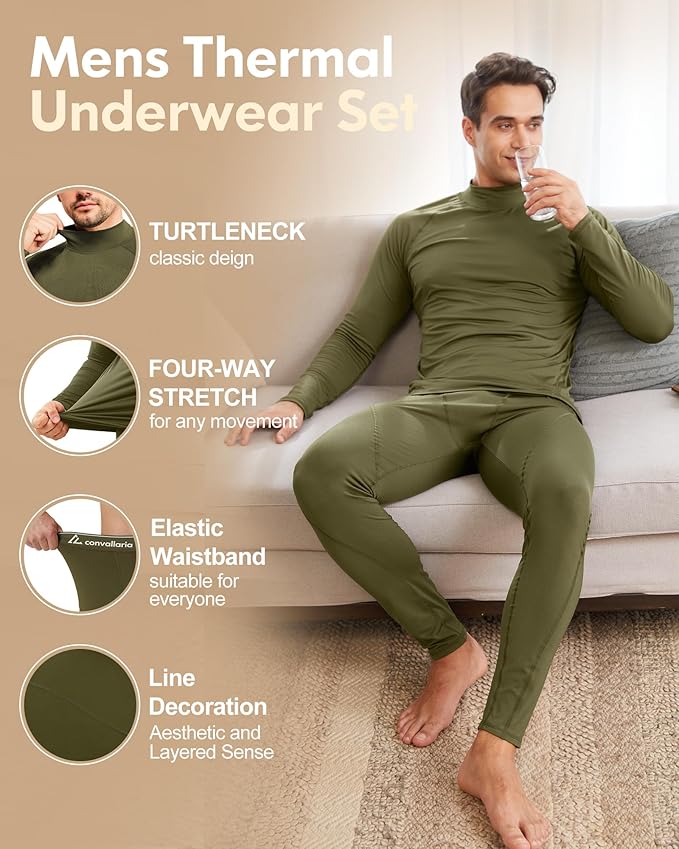 CL convallaria Thermal Underwear for Men Long Johns Fleece Lined Hunting Gear Set Base Layer for Cold Weather XS-4XL