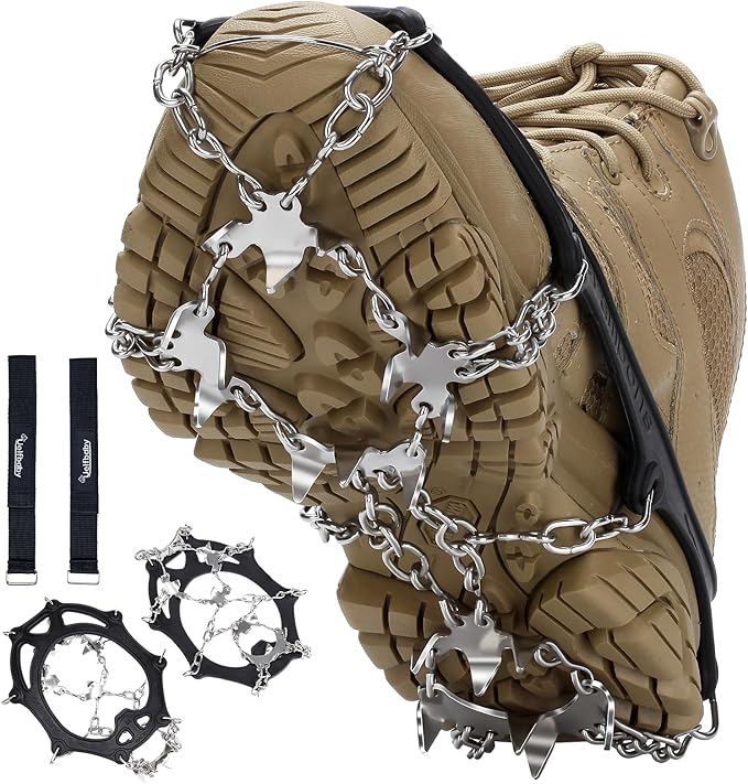 Crampons 19 Spikes with Stainless Steel Chain Ice Snow Grips Traction Cleats System Safe Protect for Walking, Jogging, Climbing, Hiking on Snow and Ice, Boots Chains for Women Men