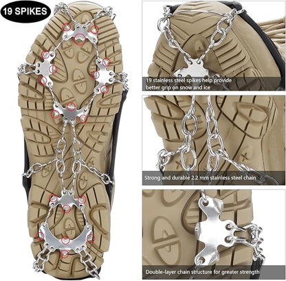 Crampons 19 Spikes with Stainless Steel Chain Ice Snow Grips Traction Cleats System Safe Protect for Walking, Jogging, Climbing, Hiking on Snow and Ice, Boots Chains for Women Men