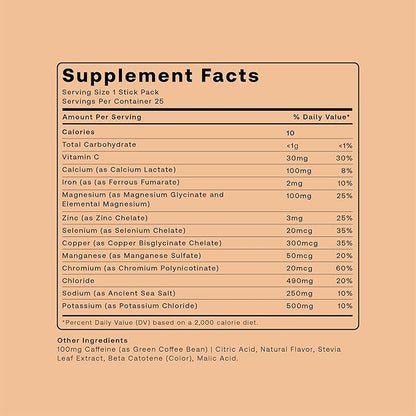 Hydrofy Hydrogen Water + Electrolytes Drink Mix | H2 Hydration Packets with Molecular Hydrogen, Sodium, Potassium, Magnesium, Calcium, and Minerals | No Sugar | Orange + Caffeine 25 ct