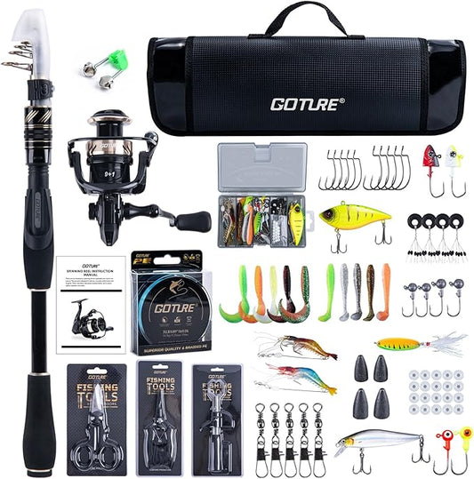 Goture Fishing Rod and Reel Combo - Carbon Fiber Telescopic Fishing Pole - Spinning Reel 9+1 Shielded Bearings Stainless Steel BB - A
