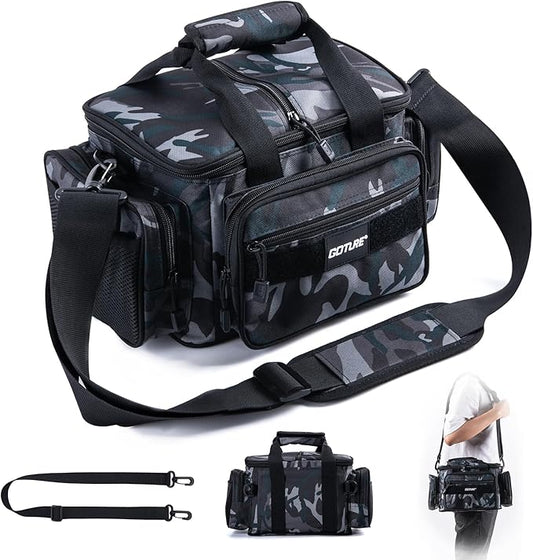 Goture Fishing Tackle Bag, Soft Side 600D Water-Resistant Cross Body Sling Fishing Bag, Small Saltwater Gear Storage Tactical Bags Store Up to 3 3600 Tackle Boxes(Not Included),14.96"x9.06"x7.48"
