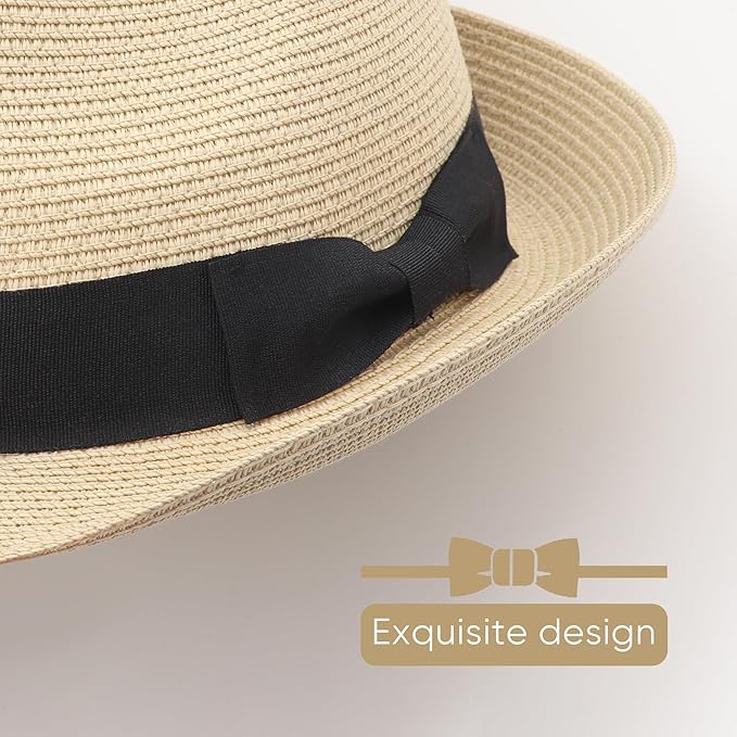 DRESHOW Women Straw Sun Hat Short Brim Panama Travel Fedora Beach Cap Roll up Summer Hat for Women Men UPF 50+