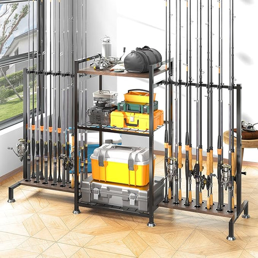 SOYEEZE Fishing Rod Holder for 28 Rods, Ground Stand Fishing Pole Holders for Garage, 3-Sided Vertical Fish Rod Rack for Tackle Box, Fishing Supplies,a Display Fish Gear Storage Gift for Man