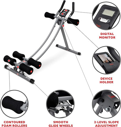 Sunny Health & Fitness Waist Trainer Ab Roller with Elbow Support, Training Wheels, Foldable for Home Gym, Abdominal Exercises, Core Strength, Glute Trainer, Crunch Workouts with Optional Dip Station