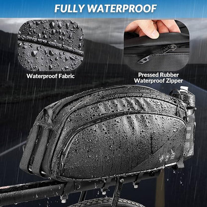 WOTOW Rear Rack Bag, 12L Waterproof Reflective Bicycle Trunk Bag, Cycling Rear Seat Carrier Backseat Storage Luggage with Water Bottle Holder, Shoulder Strap for MTB Bike E-Bike