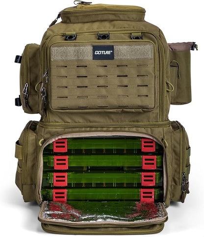 Goture Fishing Backpack with 4 Tackle Boxes, 53L 600D Water-Resistant Tackle Backpack with Cooler,Rod Holders, 8 Lure Pockets, Rain Cover, Large Fishing Bag Storage Gear Tackle Bag for Camping Hiking