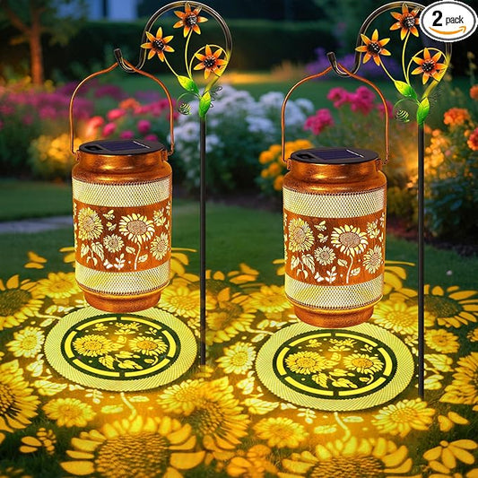 2 Pack Sunflower Solar Lanterns Outdoor Waterproof Solar Garden Decor, Birthday Gifts for Christmas Women Mom Grandma, Metal Hanging Lights with Shepherd Hook for Outside Yard Patio Pathway Backyard