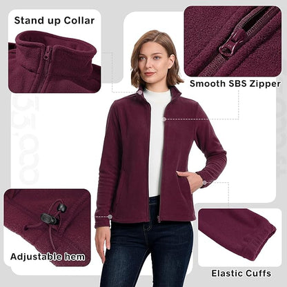 33,000ft Women's Zip Up Fleece Jacket, Long Sleeve Warm Soft Polar Lightweight Coat with Pockets for Winter
