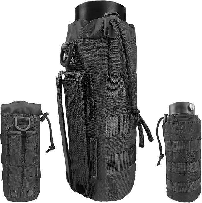 Tactical MOLLE Water Bottle Holder, Upgraded Water Bottle Pouch with Drawstring Open Top & Mesh Bottom, 16/24/25/32oz Water Bottle Carrier Bag with D-Ring Hook for Backpack