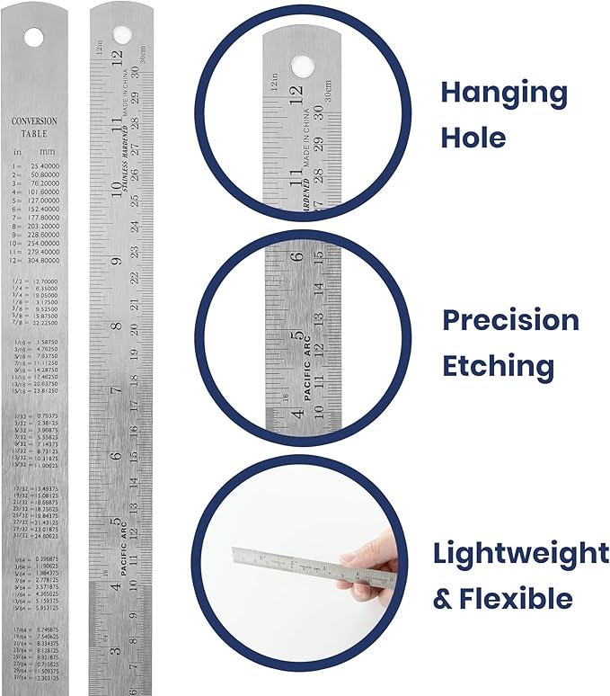 Pacific Arc 12 Inch Stainless Steel Ruler with Inch/Metric Conversion Table