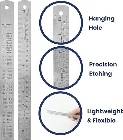 Pacific Arc 12 Inch Stainless Steel Ruler with Inch/Metric Conversion Table