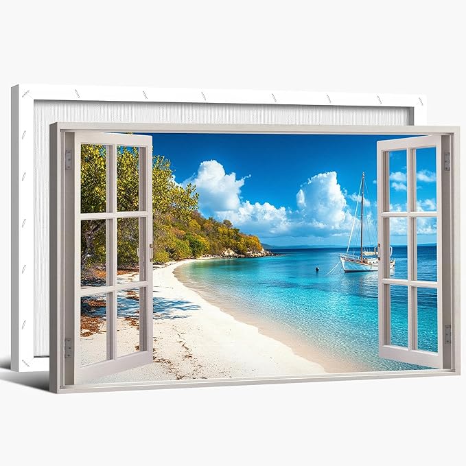 ANRUOXI Beach Wall Art, Window Frame Style Canvas Wall Decor Ocean, Blue Sea & Tropical Palm Tree Coasts Boats Canvas, Paradise Scenery Nature Landscape Painting for Living Room Office Home 18x24 Inch