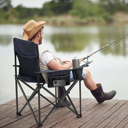 Oversized Folding Camping Chair for Adults - 450lbs Support - Heavy Duty Portable Lawn Chairs with Side Pocket Cup Holder Cooler Bag for Sports Garden Beach Fishing, Blue