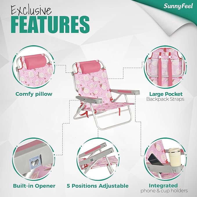 SUNNYFEEL Extra Wide Low Beach Chair 2 Pack 5 Position Lay, XL Oversized Portable Folding Camping Chairs with Cup Holder for Outdoor/Sand, Foldable Backpack Beach Chair for Adults Heavy Duty 500 LBS