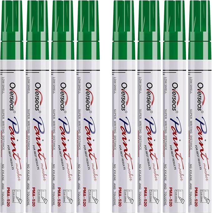 Overseas Paint Pens Paint Markers - Green Permanent Markers 8 Pack, Oil Based Waterproof Quick Dry Medium Tip Marker Pen for Metal, Wood, Fabric, Plastic, Rock, Stone, Mugs, Canvas, Glass, Art Craft