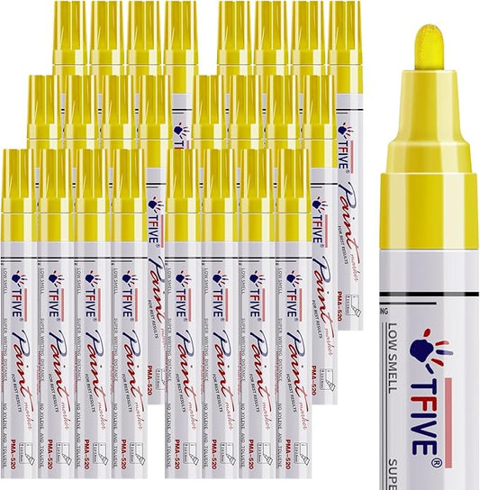 TFIVE Yellow Paint Pens Permanent Markers - 24 Pcs Oil Based Paint Markers Set, Quick Dry, Waterproof, Fade Resistant, Medium Tip Marker Pens for Metal, Rock, Wood, Plastic, Canvas, Glass, Rubber