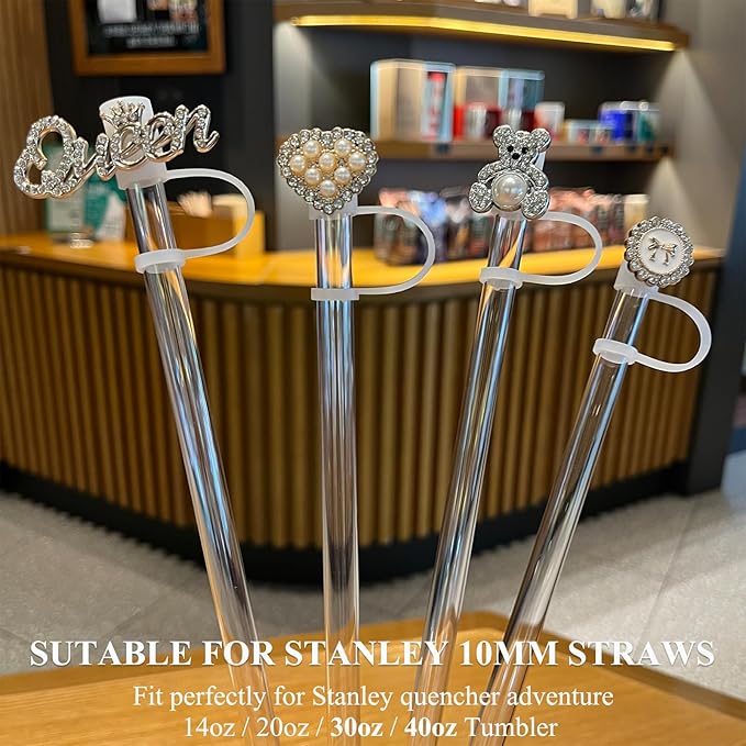 Bling Diamond Straw Cover for Stanley Cup Accessories - Silicone Straw Toppers with Silver Rhinestone fit 9-12mm Straws