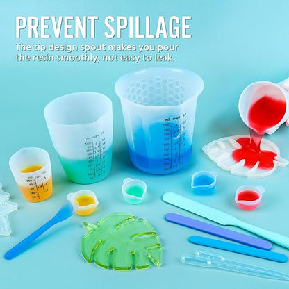 Silicone Resin Mixing 1L Measuring Cup Set for Resin Supplies, Easy-to-Read Marks, 1000ml/32oz Large Cup, 500&250&100ml Thickened Reusable Silicone Cups for Epoxy Mixing, Jewelry Making