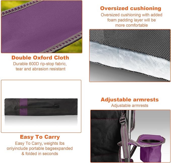 2 Pack Padded Oversized Camping Chairs for Adults,Heavy Duty Support 400 Lbs,Folding Portable Lawn Chair w/Cup Holder,Cooler Bag,Side Pocket,Perfect for Outdoor Picnic,Hiking(Purple&Black)
