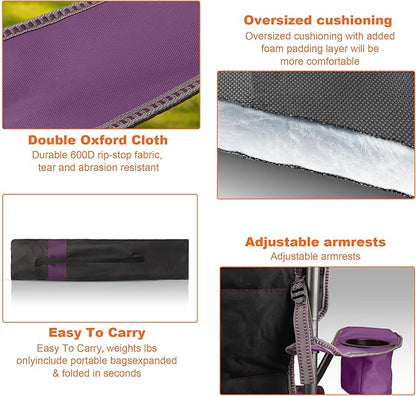 2 Pack Padded Oversized Camping Chairs for Adults,Heavy Duty Support 400 Lbs,Folding Portable Lawn Chair w/Cup Holder,Cooler Bag,Side Pocket,Perfect for Outdoor Picnic,Hiking(Purple&Black)